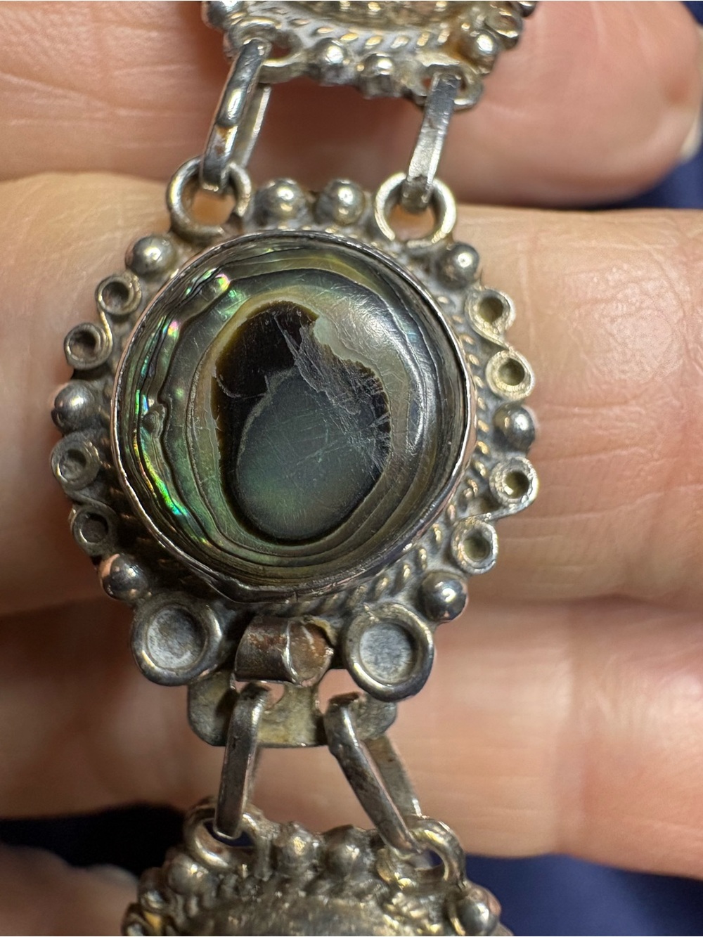 Bracelet Sterling Silver Abalone Vintage Link Bracelet Slide Clasp - Picture 4 of 9
